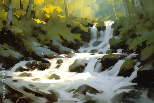 Beautiful waterfall, Semi-abstract loosely painting, Stylized digital speed painting. photo