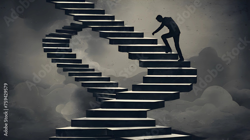 A figure climbs an endless staircase that twists and turns in every direction, representing the constant struggle against anxiety. Anxiety conceptual illustration. photo