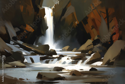 Beautiful waterfall, Semi-abstract loosely painting, Stylized digital speed painting. photo