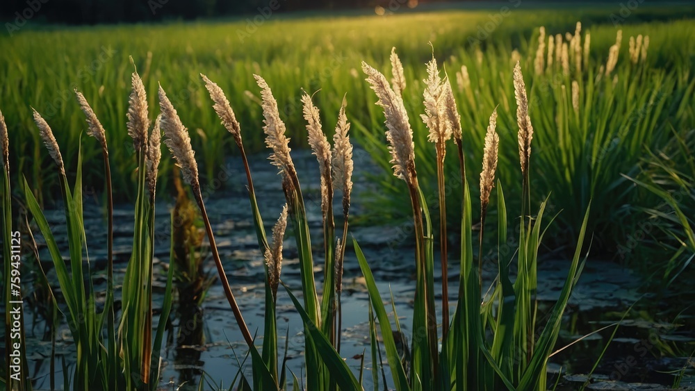 Fototapeta premium Acorus calamus wallpaper, medicinal plants background, Inflorescence of sweet flag (Acorus calamus), leaf calamus with inflorescence grow in water