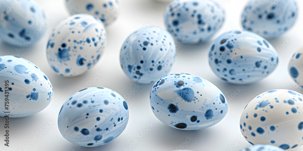 Pale blue speckled painted Easter eggs with ribbons Pale blue speckled painted Easter eggs .