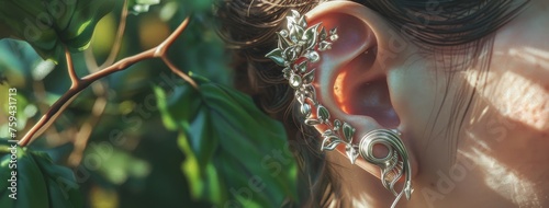 Elegant silver ear cuff jewelry adorned with leaf designs, nestled against a backdrop of lush green leaves. photo