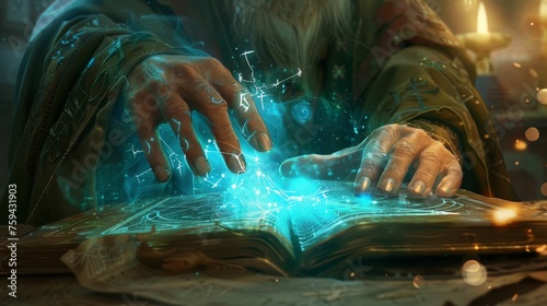 Elderly sorcerer casting a spell, with blue magical energy flowing from his hands over an ancient spellbook.