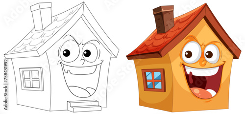 Two cheerful animated houses with expressive faces