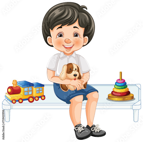 Smiling boy sitting with dog and colorful toys