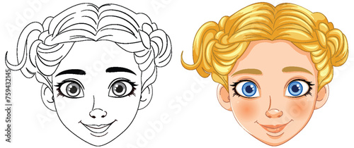 Vector illustration of a girl's face, before and after coloring.