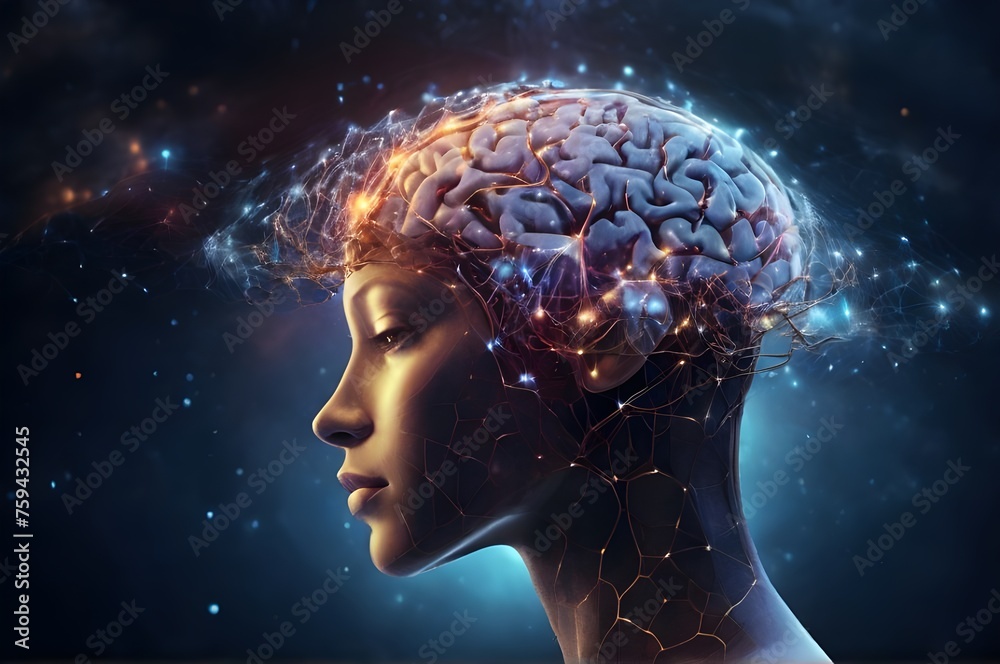 Obraz premium Close-up of face of cyber mind on dark blue background. Artificial intelligence in humanoid head. Electronic mind. Digital Brain, big data, analysis information. Virtual concept