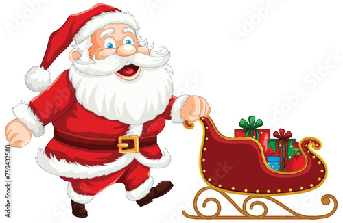 Jolly Santa pulling a sleigh with Christmas presents.