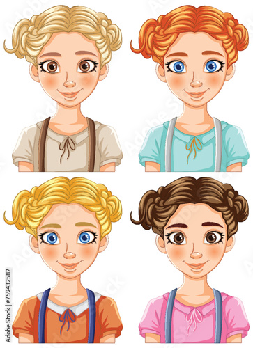 Four different cartoon girls with unique hairstyles.