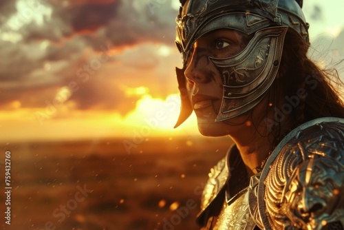 Close-up of a warrior woman's face with detailed helmet against a backdrop of a dramatic golden hour sky.