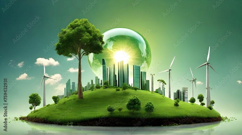 Fresh green nature with plants, wind turbines, globe for the concept of sustainable development on renewable energy, green energy, environmental conservation, power saving, earth day, ecology. 