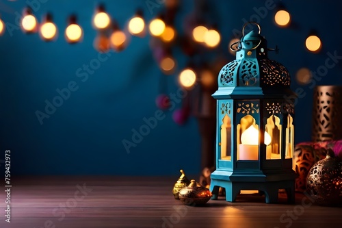 Fawanis. Arabic lantern with burning candle glowing with copy space. Festive greeting card, invitation for muslim holy month ramadan kareem. Eid mubarak concept background. Islamic holiday.  photo