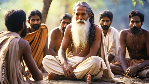 Old Indian guru surrounded by his disciples