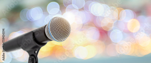 Microphone for press conference speaker report interview concepts or broadcasting public speaking speech presentation stage performance and reporter news with empty copy space background.