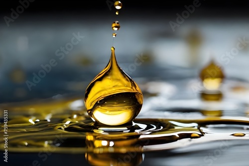 Close-up of glowing golden oil droplet isolated dark background with copy space for health, cosmetics, wellness, beauty, spa banner, poster, brochure, flyer or ad. Realistic water drop. 3D illustratio