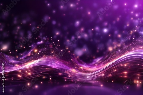 Bright glowing purple particles wave surface on dark background with shining dots and stars. Cyber space wallpaper, backdrop concept. The flow of musical sounds. Big data visualization