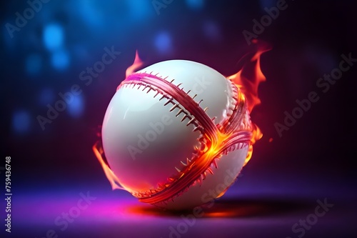 World Cricket Day April 24. Macro shot of flying cricket leather ball through the air with fire and smoke on black background. Red stitched cricket ball spins and bounces transition. Fireball photo