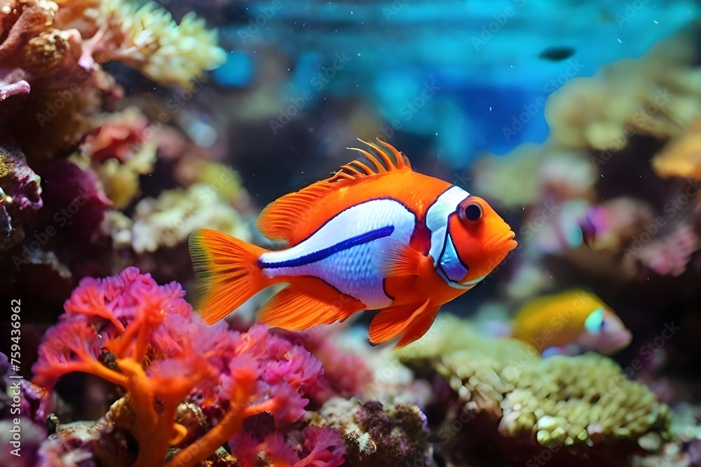 Fototapeta premium Underwater world scenery with fish swimming among vibrant corals in tropical ocean. Coral reef with marine animals and algae seaweeds, sea bottom background. Wonderful underwater landscape