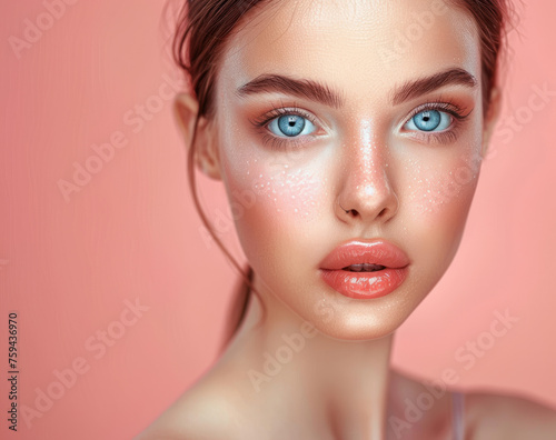Beautiful woman with perfect clean skin, healthy face and beautiful blue eyes in the style of beauty style photo studio on a pink background. Portrait of a young attractive girl with delicate makeup a