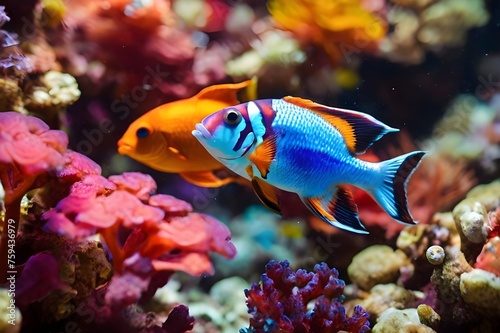 Underwater world scenery with fish swimming among vibrant corals in tropical ocean. Coral reef with marine animals and algae seaweeds, sea bottom background. Wonderful underwater landscape