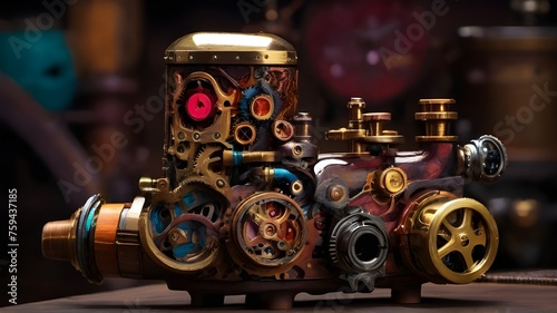 Steampunk style colorful gears pipes with clocks. Abstract techno gear background. Modern mechanism industrial concept. Corporate work and modern business process concept. Retro technology  photo