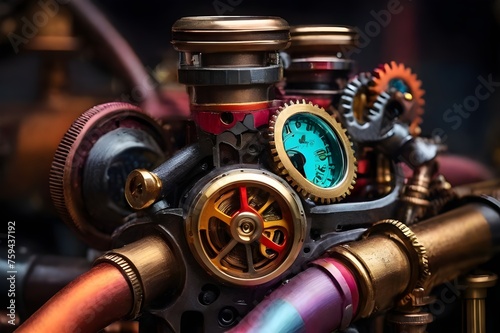 Steampunk style colorful gears pipes with clocks. Abstract techno gear background. Modern mechanism industrial concept. Retro technology or steampunk concept photo