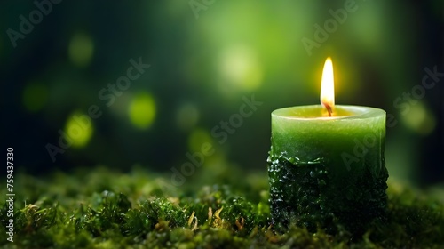 Magic green candle burning on moss covered ground with copy space. Mystery natural green background. Magic candles for witchcraft, banner, poster. Magic Esoteric Ritual. Fairy scene. Candle day