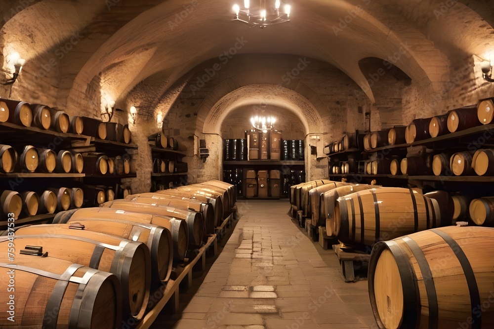 Close-up of Oak Barrels in a hungarian underground wine cellar. Wine cellar in Tokaj, Hungary. Wine barrels on basement, macro view, selective focus