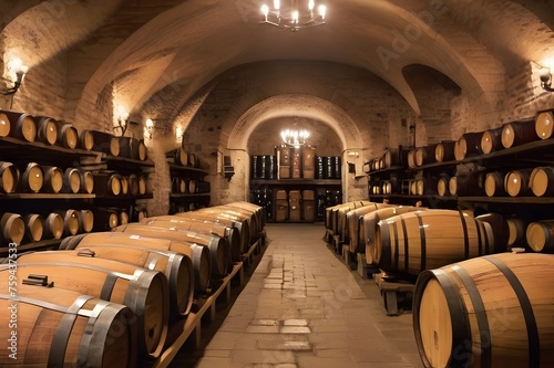 Close-up of Oak Barrels in a hungarian underground wine cellar. Wine cellar in Tokaj, Hungary. Wine barrels on basement, macro view, selective focus
