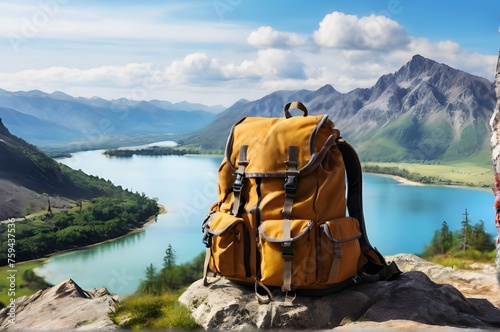 Close up of hiker's  backback on the rock of mountain and lake landscape. Hiking, travel adventures concept. Hiking equipment. Travel time