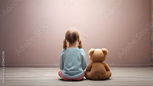 A upset lonely bullied little girl sitting on floor with teddy bear in an empty room. Unhappy preschool child, melancholic or bored. Stop bullying. Neurological and developmental disorder.  photo