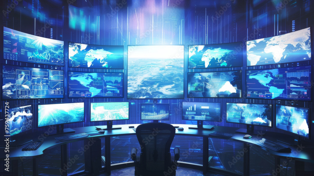 Computer Department Display Computer displays showing various maps in a blue lit command center ...