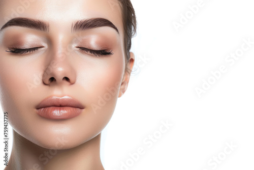 Beautiful woman with closed eyes and long eyelashes isolated on white background, closeup portrait, copy space concept, beauty salon ad banner photo