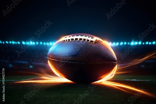Close-up photo of an American Ball Standing on a Field with stadium lights. Preparation for Championship Game. Super bowl. Wallpaper. 3D high quality rendering. American Football Kickoff Game Start.  © Sadushi