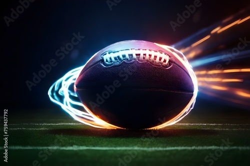 Close-up photo of an American Ball Standing on a Field with stadium lights. Preparation for Championship Game. Super bowl. Wallpaper. 3D high quality rendering. American Football Kickoff Game Start.  photo