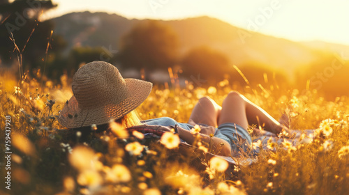 Young woman relaxing in golden summer meadow © Vivid Pixels