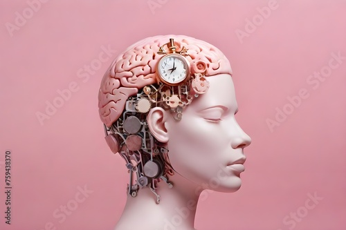 Abstract human head with a clock with copy space background. Circadian rhythm concept. Health symbol for psychology, Scheduling pressure, dementia or aging. Daily human body inner regulation schedule 