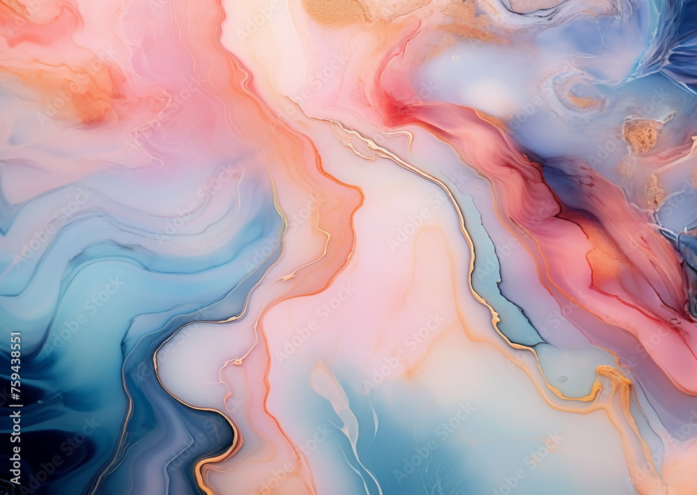 Abstract watercolor background, fluid art, alcohol ink, liquid marble texture.  Sunrise decorative pattern, color flowing peach, pink, blue, orange.  Wavy swirls, air wind, colorful vapour. 