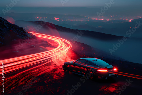 a car drives up a hill with light streaks