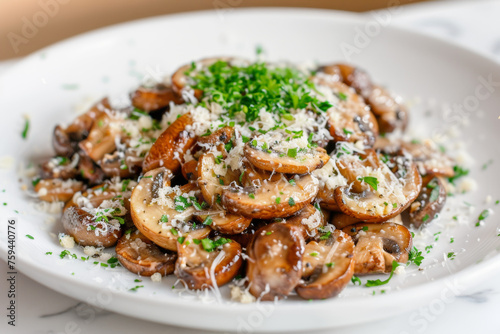 Creamy Garlic Parmesan Mushrooms on White Plate, Nikon D7000 Gen AI