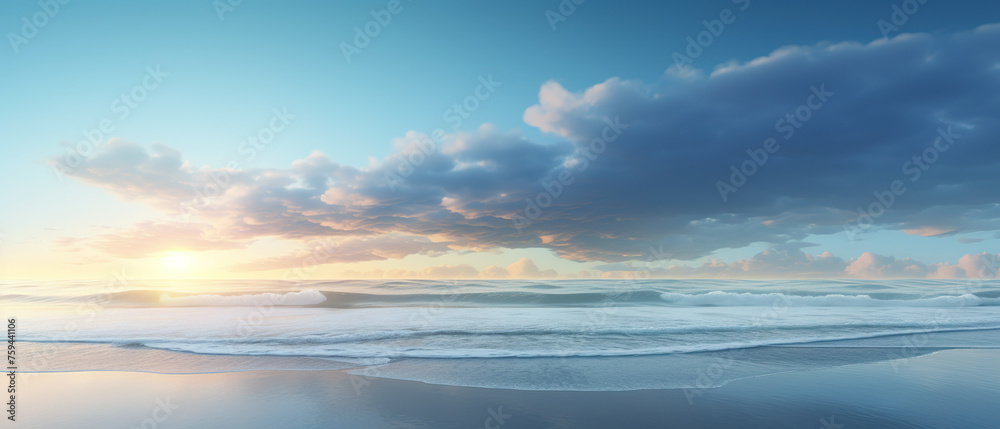 A beautiful beach scene with a cloudy sky and a sun setting