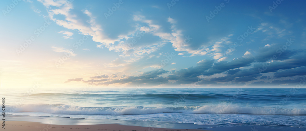 A beautiful ocean view with a cloudy sky. The beach is empty and peaceful