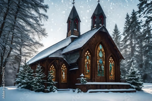 A charming chapel with stained glass windows, set against a wintry setting