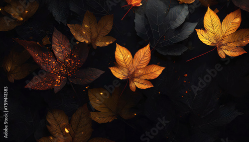 Autumn warm tone leaves on dark background