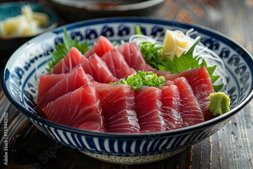 Tuna sashimi slices arranged in a beautiful pattern on a traditional Japanese plate, accompanied by wasabi and pickled ginger