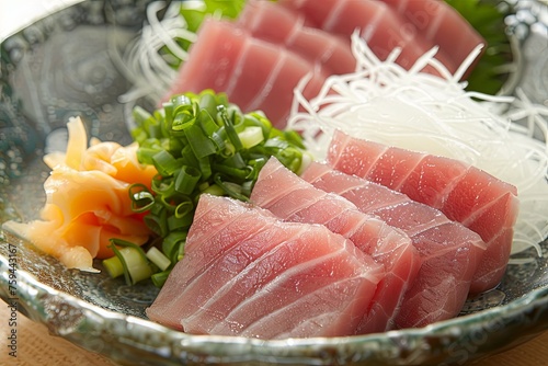 Tuna sashimi slices arranged in a beautiful pattern on a traditional Japanese plate, accompanied by wasabi and pickled ginger