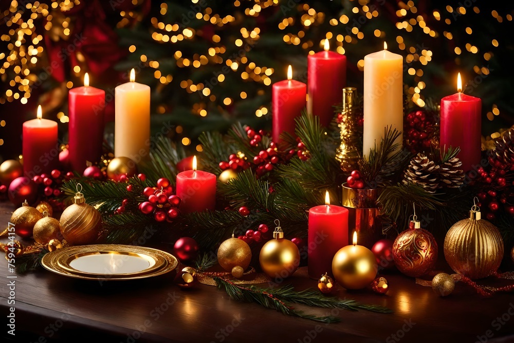 A festive holiday table with bright candles, golden decorations, and holly.