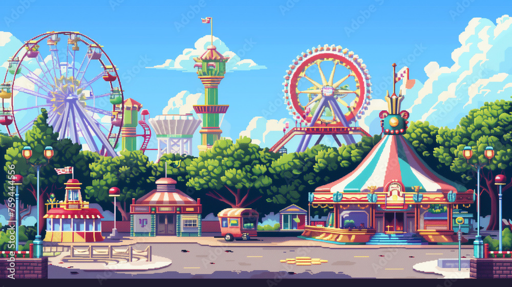 pixel art of theme park wit blue sky , amusement park game art - obrazy, fototapety, plakaty 