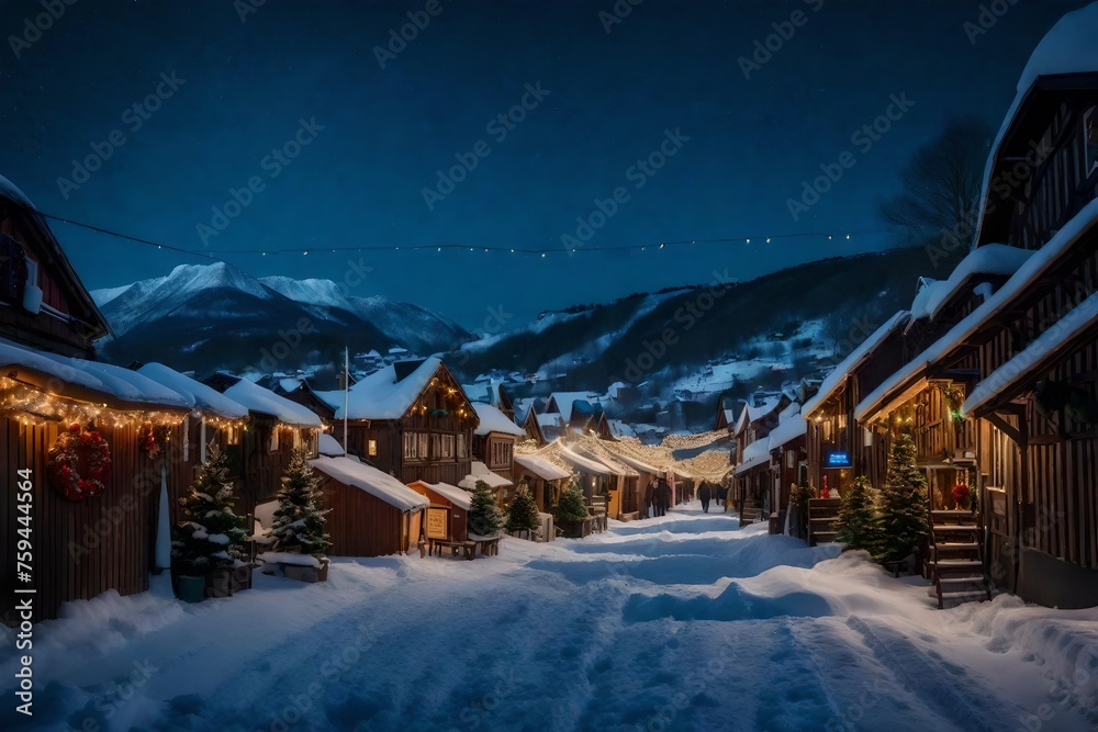 Snow-covered village with twinkling holiday lights and a festive market 