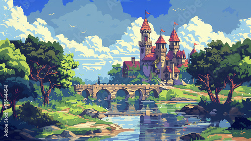 Medieval castle on the grass landscape with blue sky , pixel art  , 16 bit art , game art